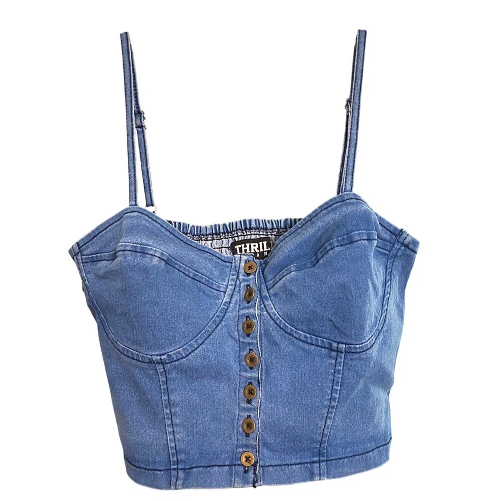 Thrill Jeans Denim Corset Crop Top Bustier Cami Blue Button Front L Country Y2K